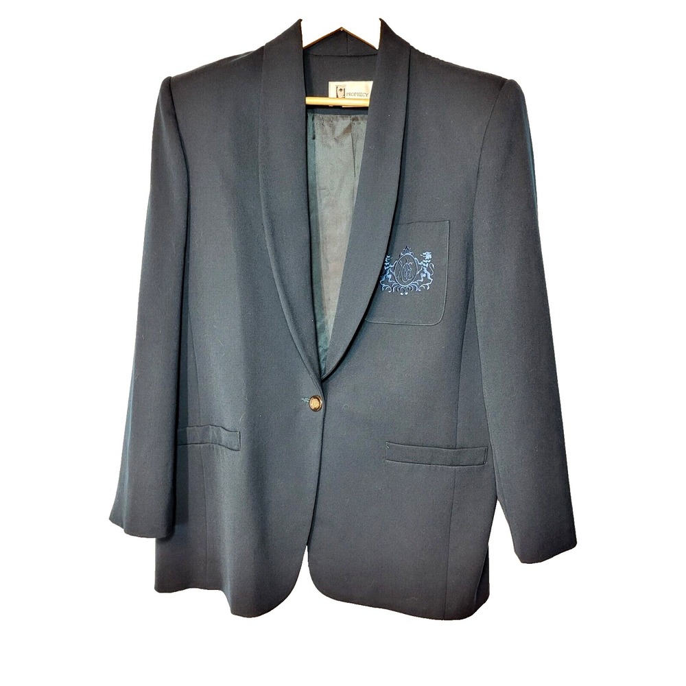 Prophecy Wool Vintage Blazer Blue/Green‎ Womens USA One Button Embroidered 16